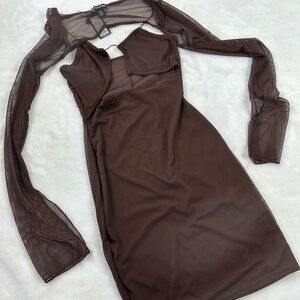 Pretty Little Thing Size 2 Mesh Overlay Bodycon Mini Dress Brown Sexy Club NWT